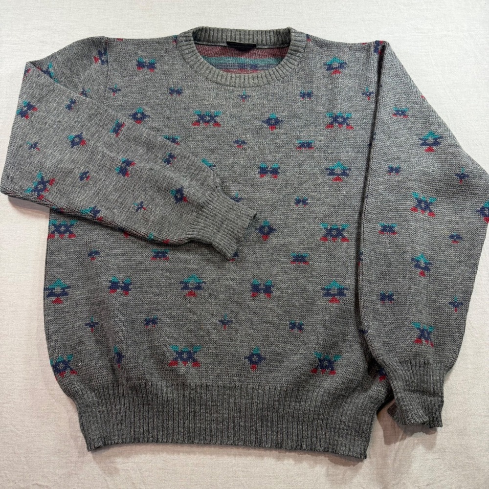 Preswick &‎ Moore Sweater Mens Large Gray Wool Geometric Uruguay Vintage EUC